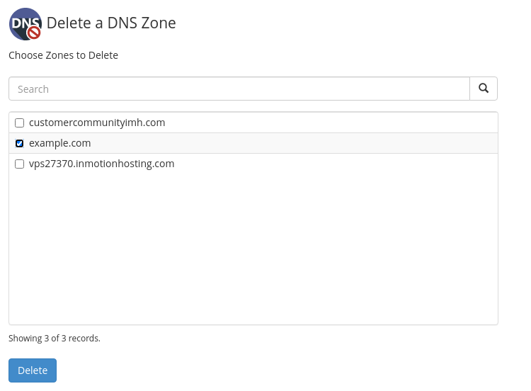 Delete a DNS zone in WHM