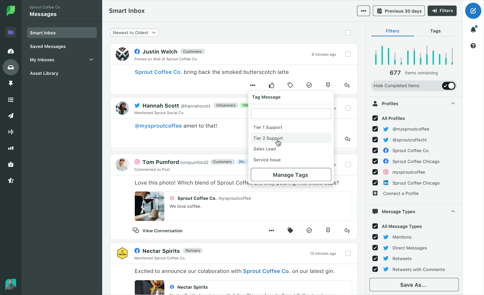 Screenshot of the Sprout Social Smart Inbox showcasing message tagging for customer support escalation. A message is being tagged for Tier 2 Support.