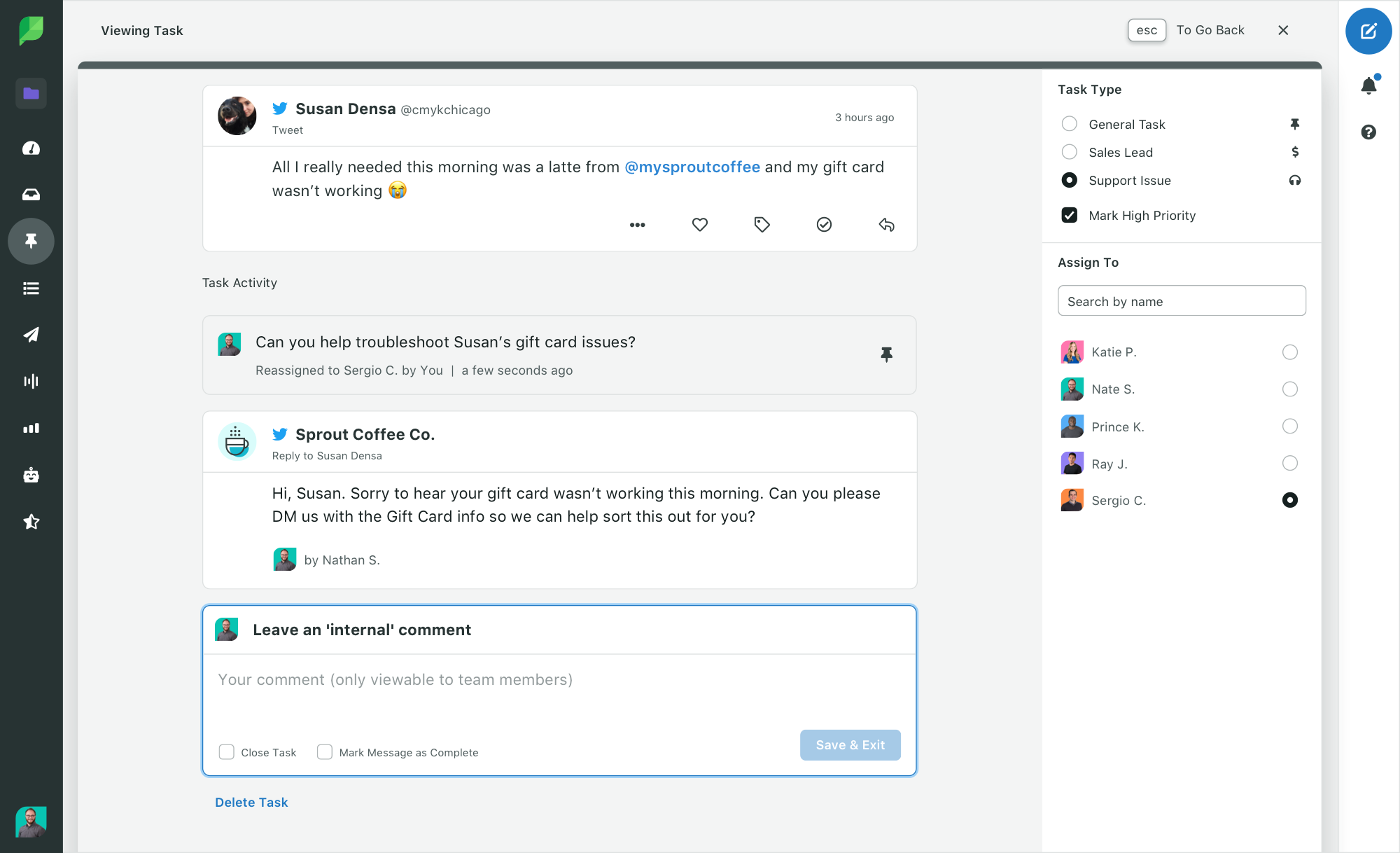 Screenshot example of a Sprout support issue with internal comments and conversation history.