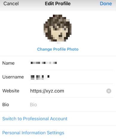 Instagram edit profile page with filled out URL field