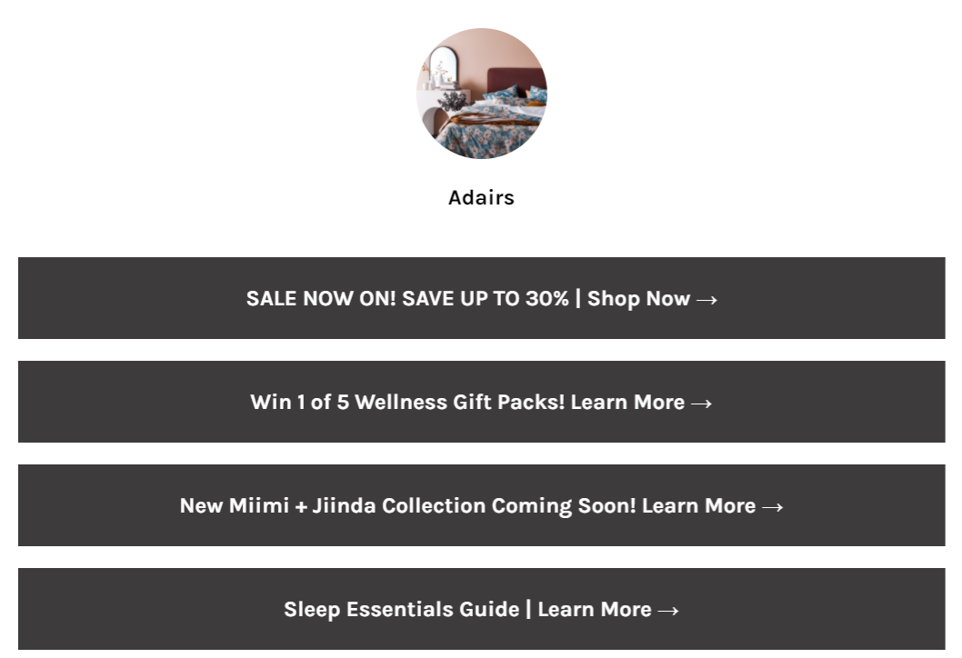 Linktree page for Adairs showcasing a link to its 30% off sale