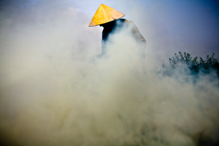 A farmer burning off crop residue to prepare for the post-flood planting season in Hanoi, Vietnam.