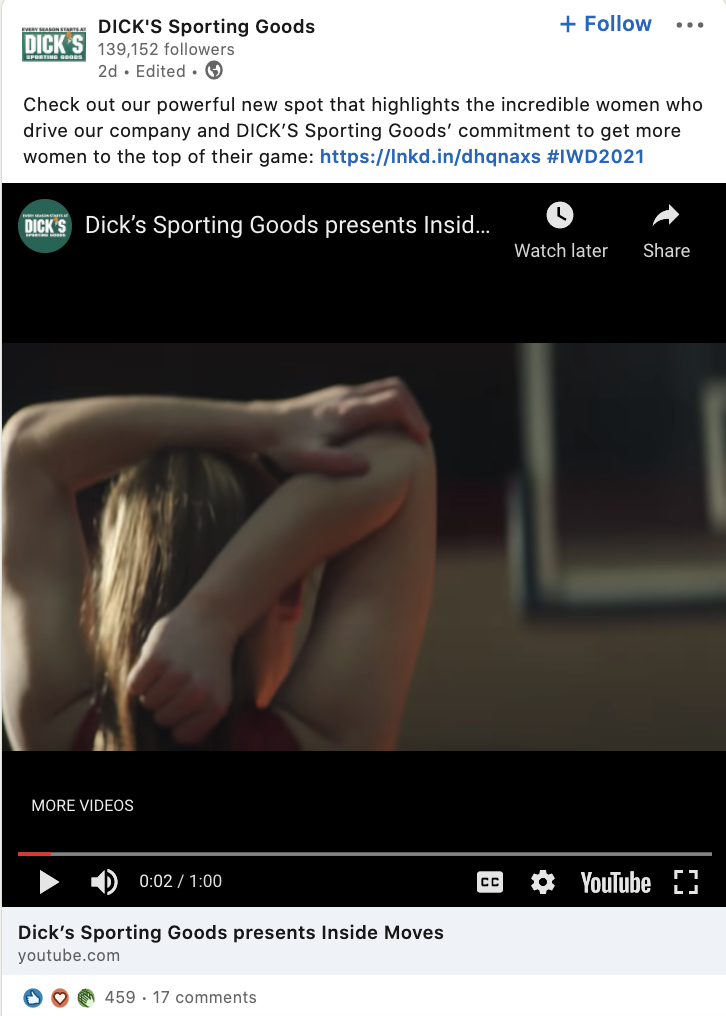 Screenshot of Dick's Sporting Goods LinkedIn post on International Women's Day