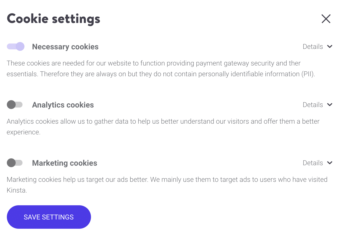 GDPR cookie settings