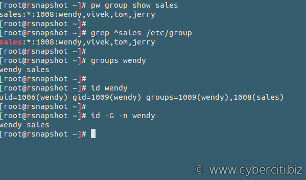 FreeBSD show user group memebership commands