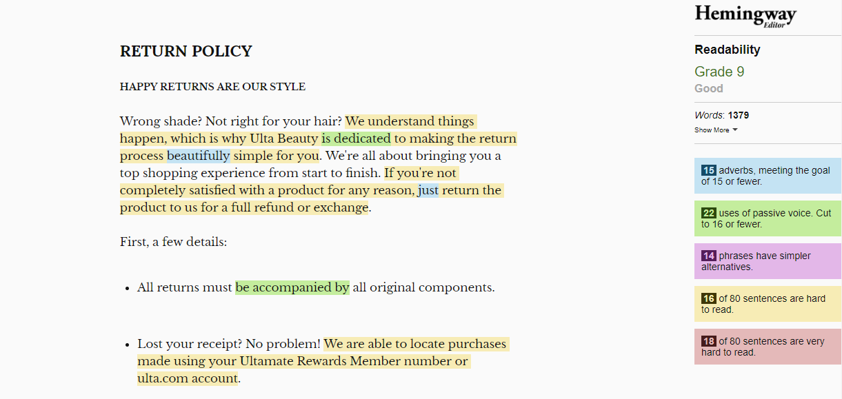 Return policy readability