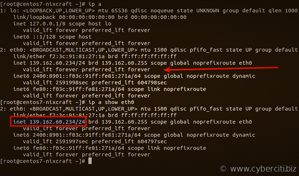 ip command get my IP address on CentOS Linux 7.0