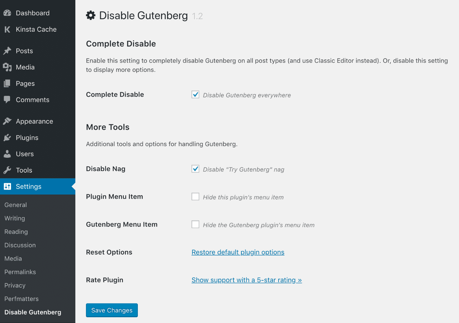 Disable Gutenberg default settings