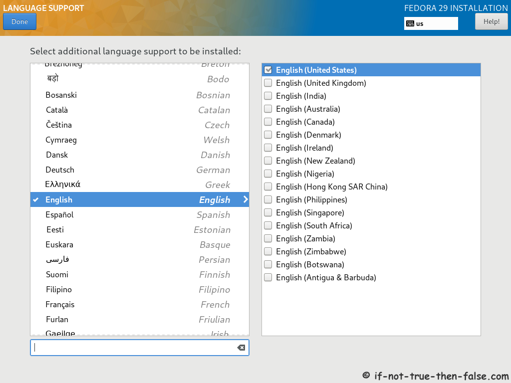 Fedora 29 Server Install Select Language Support