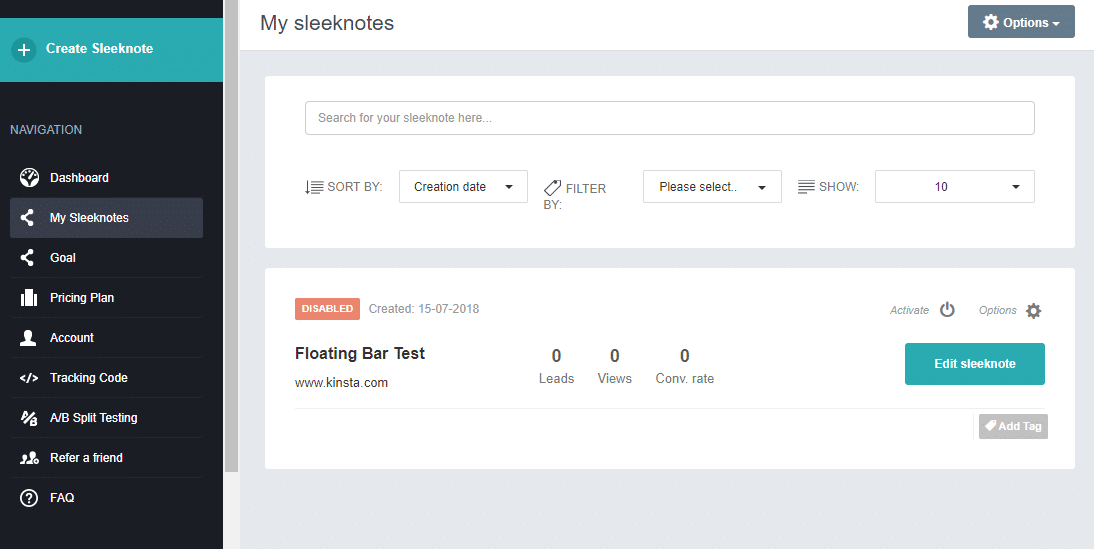 Sleeknote dashboard