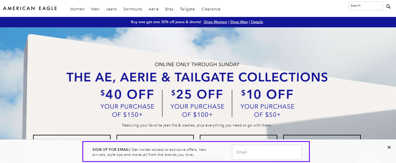 American Eagle floating bar email capture form