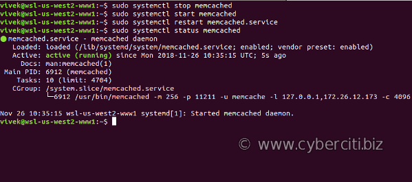 How to start, stop, restart memached on Ubuntu Linux