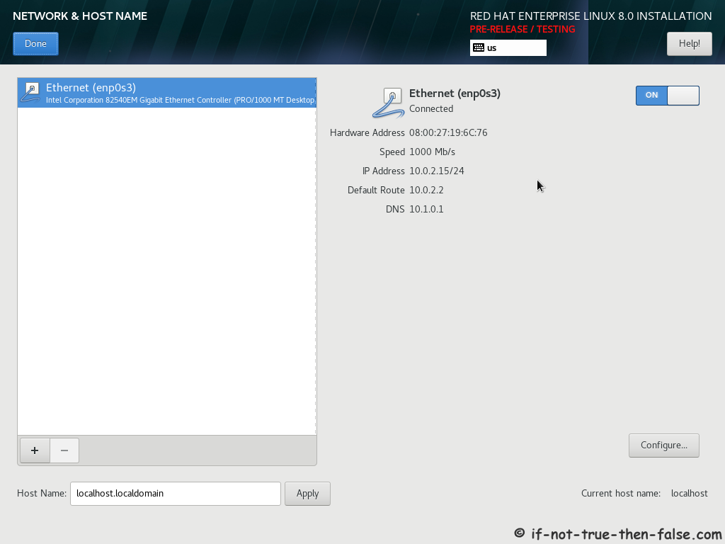 Red Hat RHEL 8 Install Network and Host Name