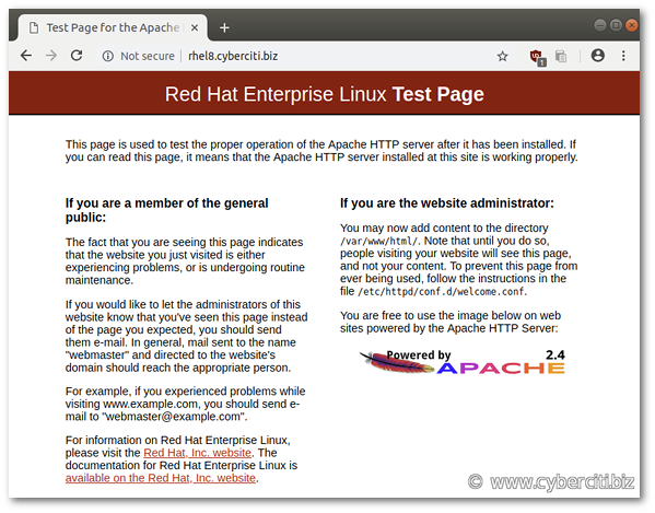 The default RHEL 8 Apache web page