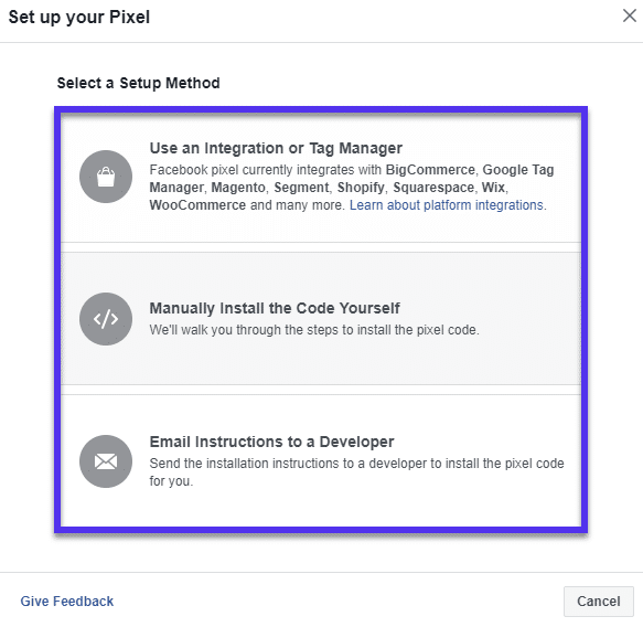 Facebook pixel integration options