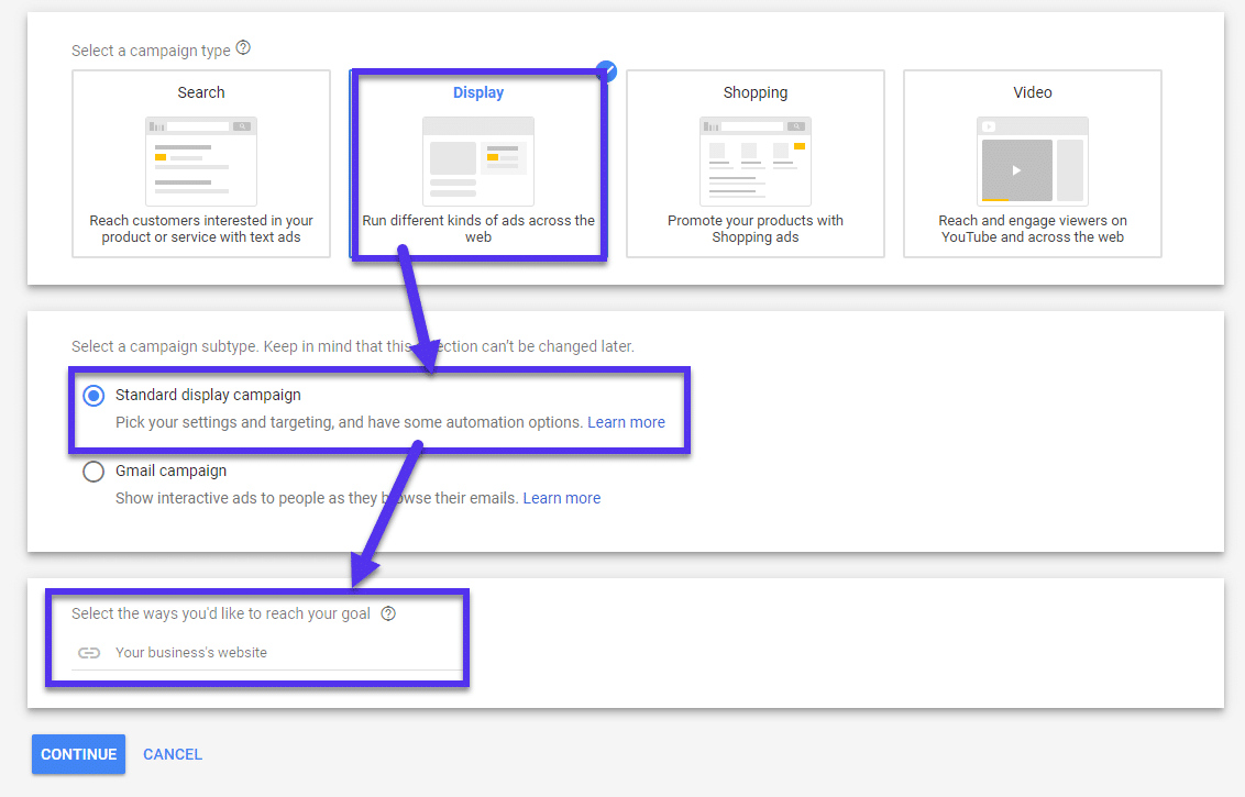 Google Ads display campaign subtype