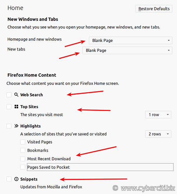 Disable firefox snippets and other home content