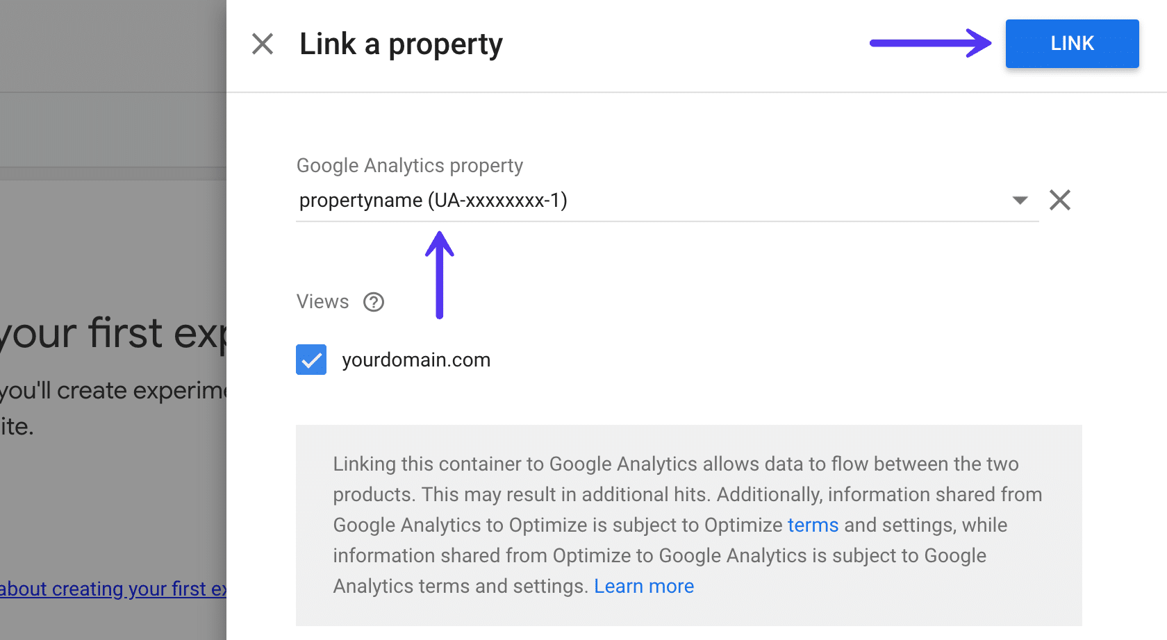 Link a property in Google Optimize