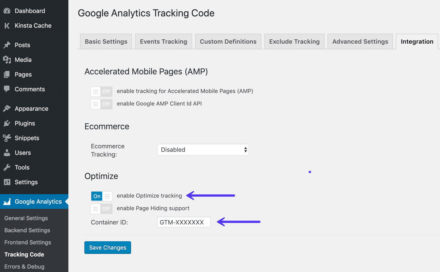 Enable Google Optimize in Analytics plugin