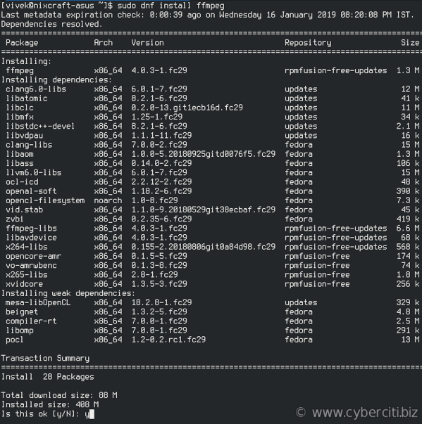 Use dnf command to install FFmpeg on Fedora Linux