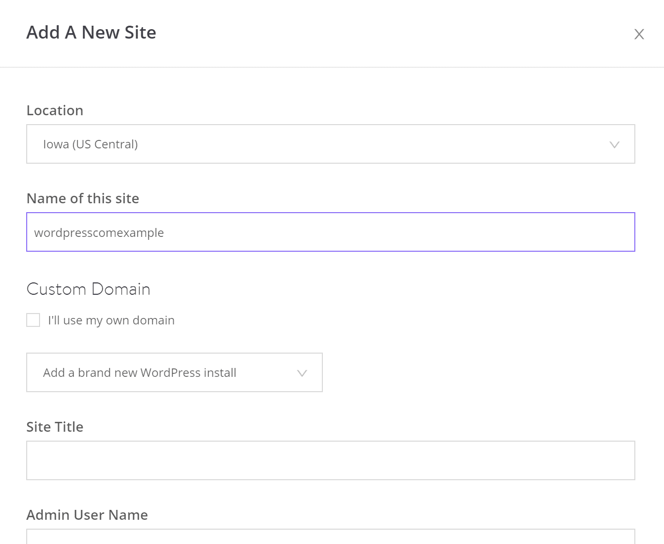 Fill in information for your WordPress install