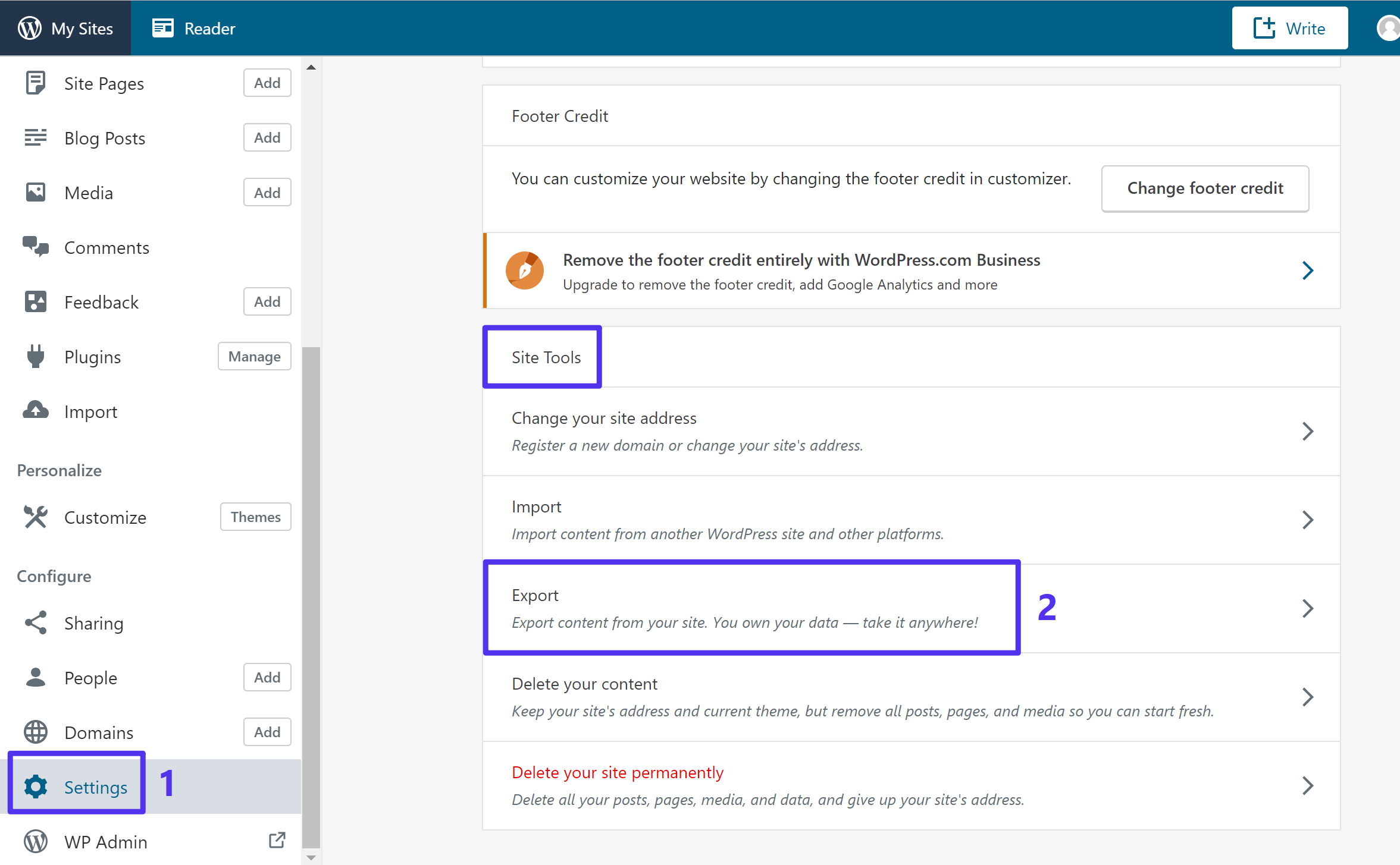 Access the WordPress.com Export settings