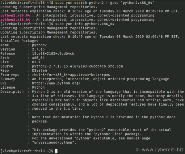 Finding info about Python in RHEL 8 using yum command