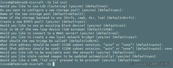 Fedora Linux lxd init command