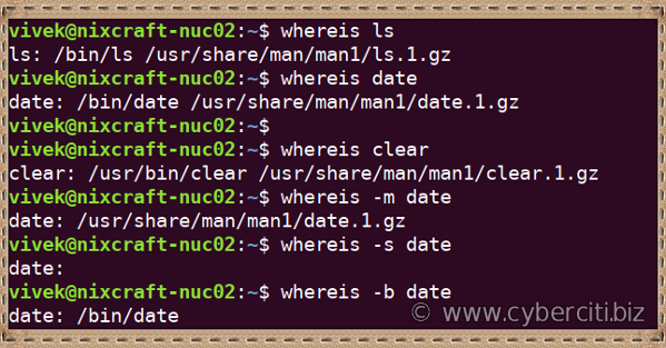 whereis command examples for Linux and Unix