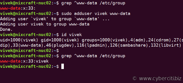 Ubuntu Linux Add a User To Group www-data Apache Group command