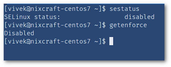 Disable SELinux and verify it on CentOS 7 or RHEL 7