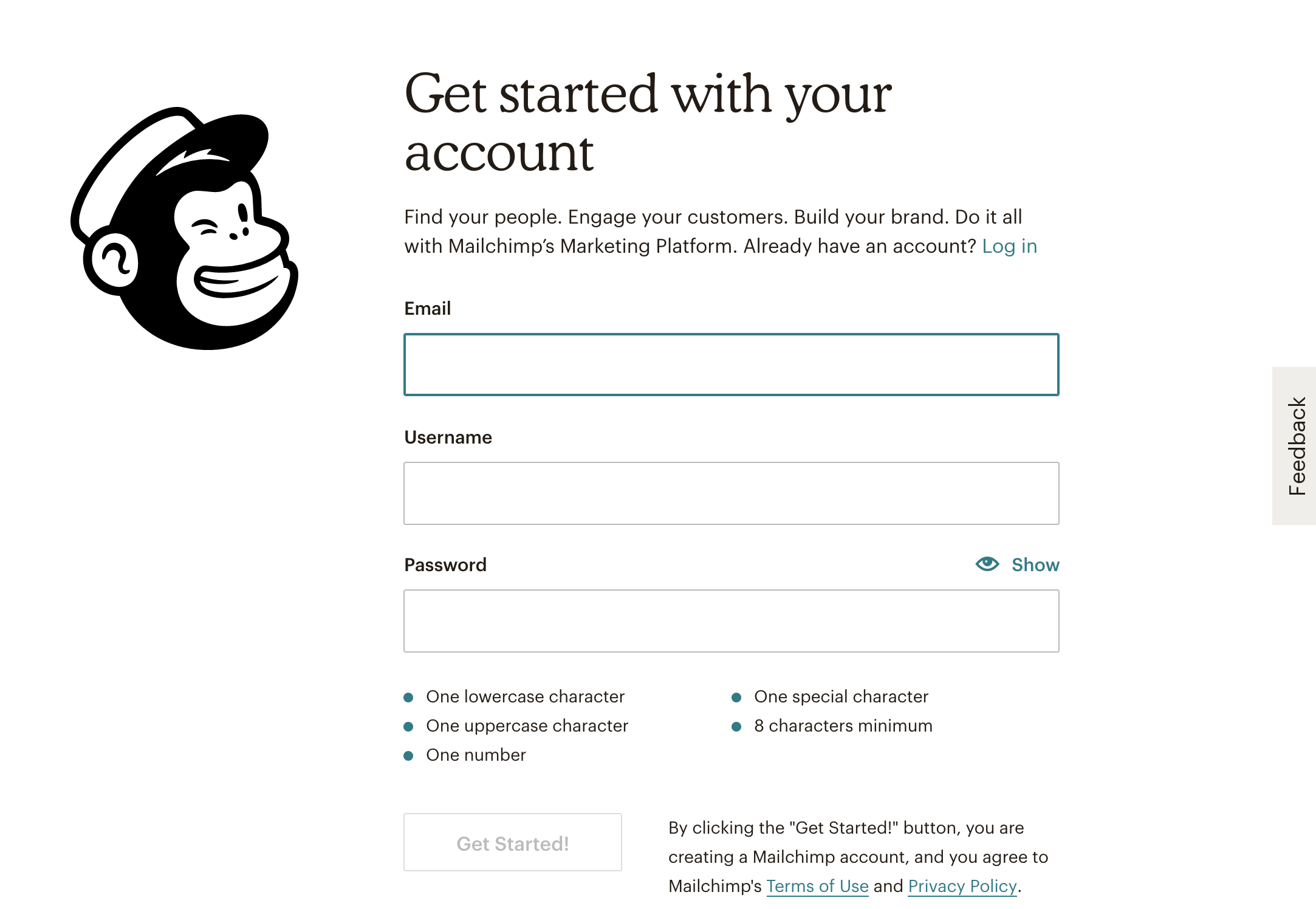 Another microcopy example: Mailchimp's Get Started page