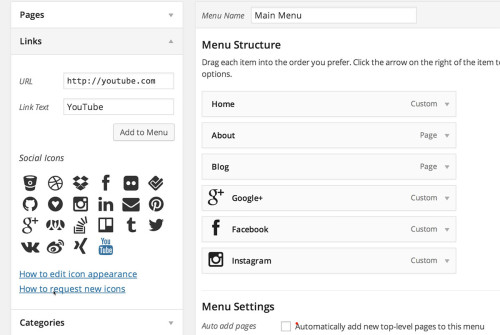 Menu Social Icons Plugin - Menus Screen