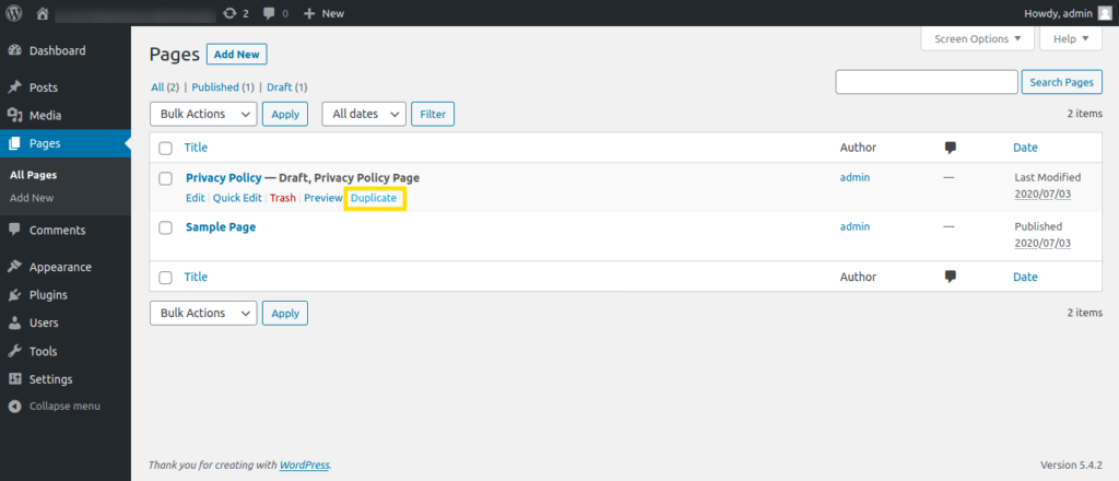 Screenshot of the WordPress Pages screen highlighting the newly added 