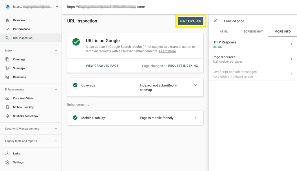 Testing a URL to determine the source of an indexing error in Google Search Console.