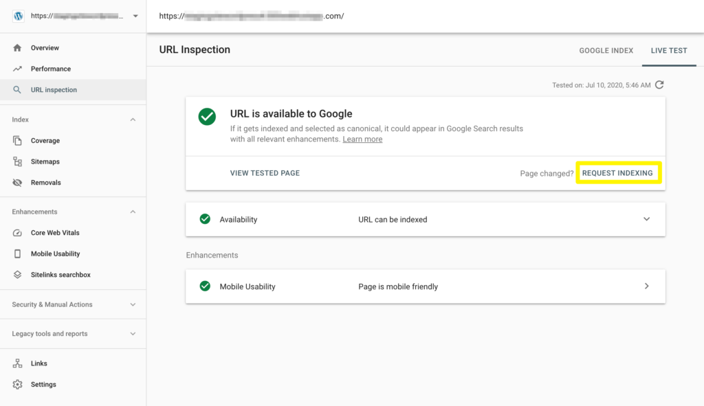 Requesting re-indexing of a page in Google Search Console.