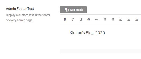 Screenshot of the box where you can add your pwn admin footer text which holds the text Kirstan's Blog 2020