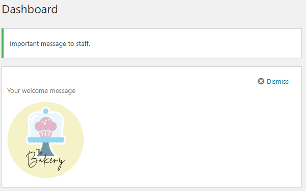 Screenshot of the welcome widget reading 'your welcome message' and featuring the bakery logo of a cupcake in a glass dish