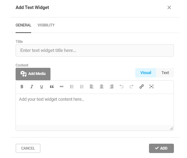 Screenshot of the option where you can add a text widget