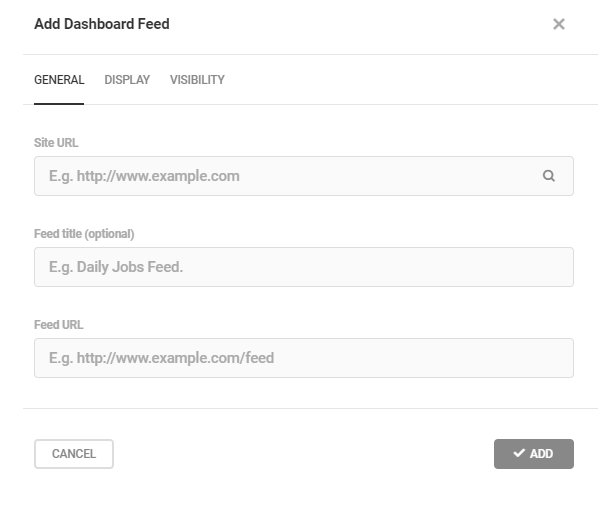 Screenshot of the add dashboard feed option where you input the site and feed URLs.