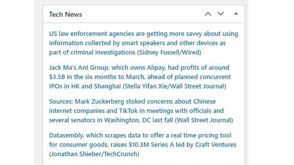 Screenshot of an example dashboard feed full of tech news.