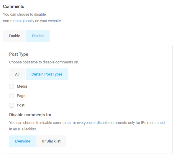 Screenshot of the comments control section showing comments disabled for everyone