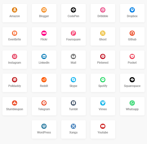Screenshot of all of the social accounts icons which you can add to your page.