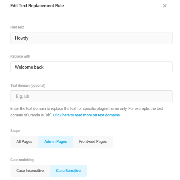 Screenshot of the option to add a text replacement rule showing Howdy replaced with Welcome Back