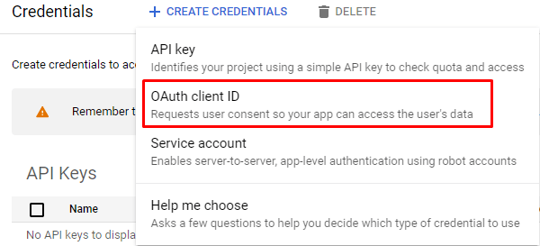 Screenshot of the drop-down where you can select OAuth client ID.