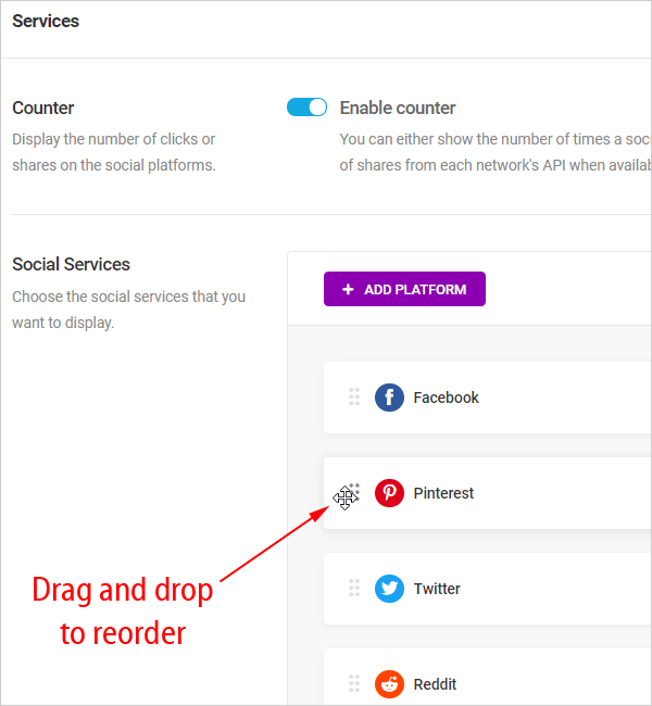 Reorder social platforms using drag and drop.
