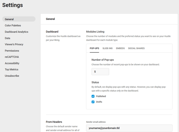 Hustle - General Settings screen.