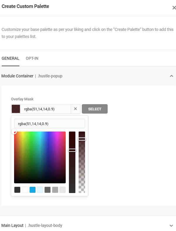 Hustle - Color Palette Settings screen.