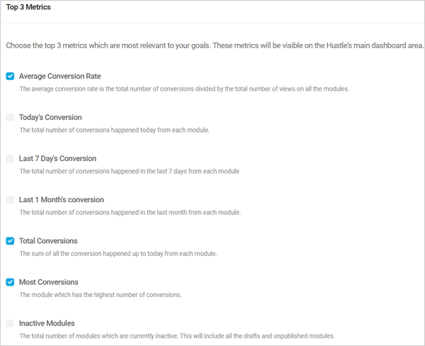 Hustle - Top Metrics Settings screen.