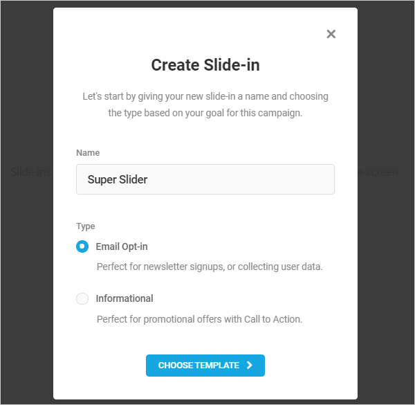 Hustle Create Slide-in screen
